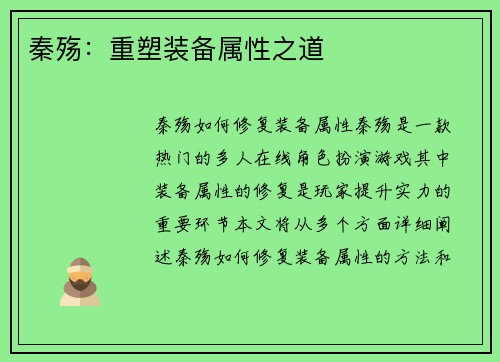 秦殇：重塑装备属性之道
